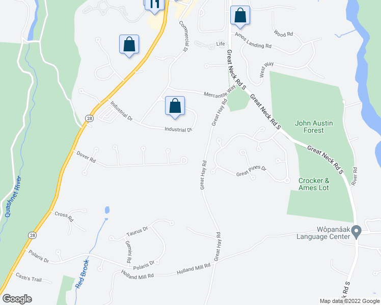 map of restaurants, bars, coffee shops, grocery stores, and more near 114 Dover Road in Mashpee