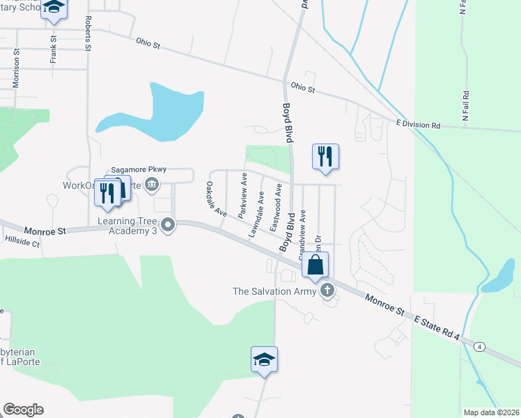 map of restaurants, bars, coffee shops, grocery stores, and more near 209 Lawndale Avenue in La Porte