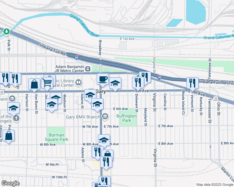 map of restaurants, bars, coffee shops, grocery stores, and more near 131 East 5th Avenue in Gary