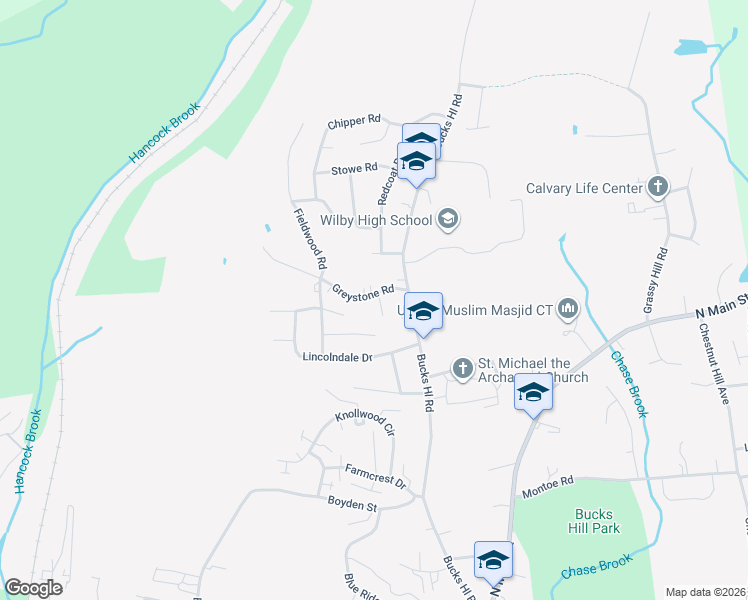 map of restaurants, bars, coffee shops, grocery stores, and more near 36 Greystone Road in Waterbury