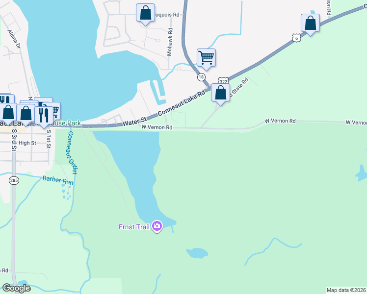 map of restaurants, bars, coffee shops, grocery stores, and more near West Vernon Road in Conneaut Lake