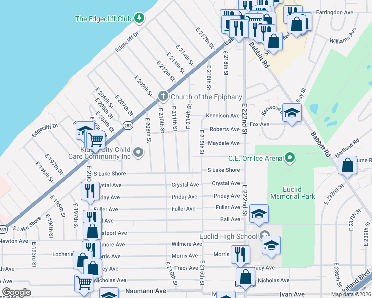 map of restaurants, bars, coffee shops, grocery stores, and more near 321 East 211th Street in Euclid