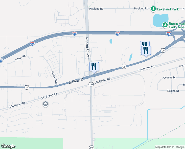 map of restaurants, bars, coffee shops, grocery stores, and more near 1185 Rak Road in Burns Harbor