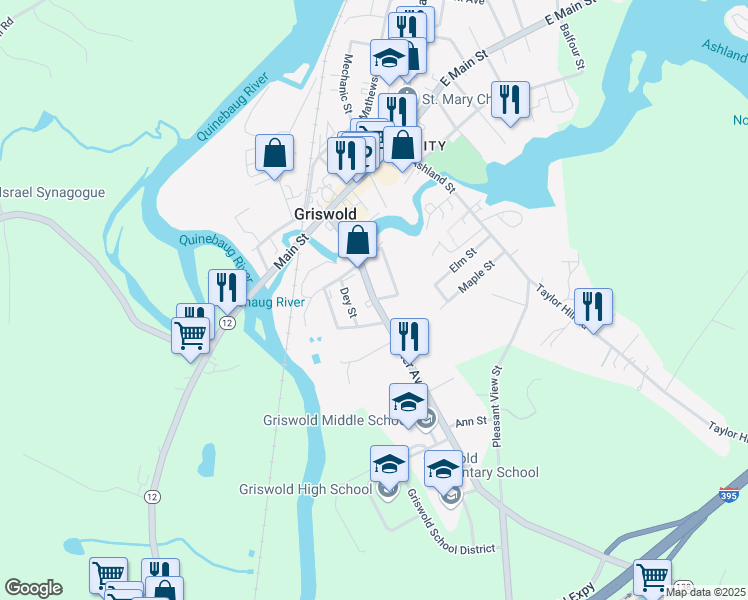 map of restaurants, bars, coffee shops, grocery stores, and more near Slater Avenue & Pulaski Street in Griswold