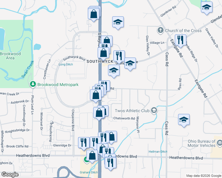 map of restaurants, bars, coffee shops, grocery stores, and more near 5115 Glendale Avenue in Toledo