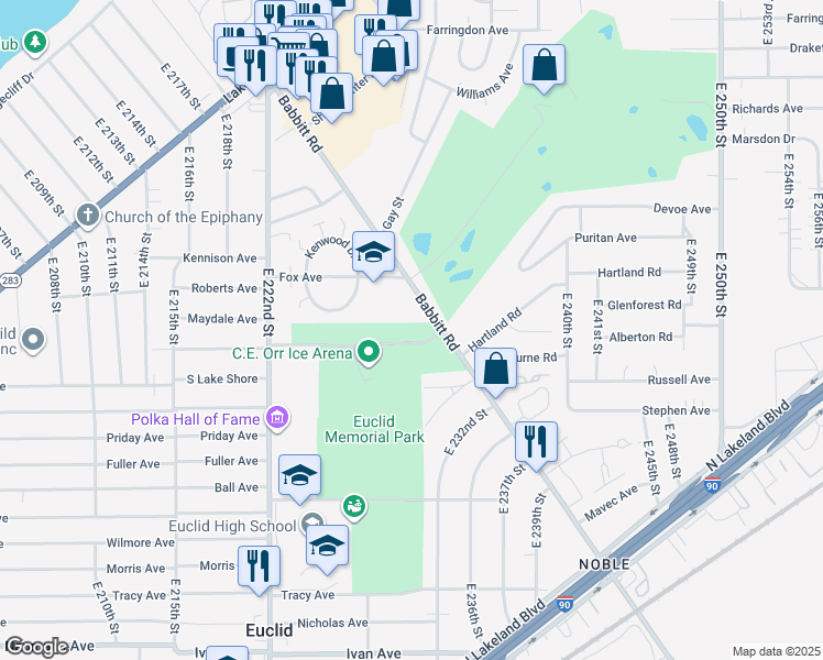 map of restaurants, bars, coffee shops, grocery stores, and more near in Euclid