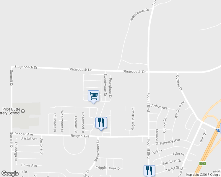 map of restaurants, bars, coffee shops, grocery stores, and more near Pronghorn Drive in Rock Springs
