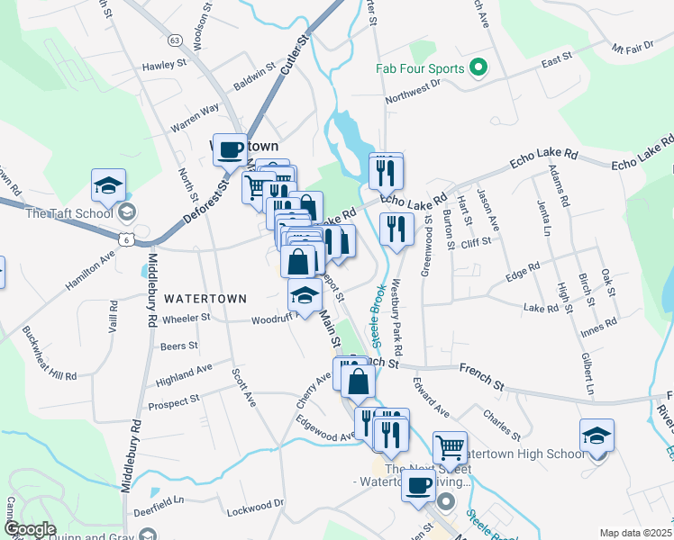 map of restaurants, bars, coffee shops, grocery stores, and more near 30 Echo Lake Road in Watertown