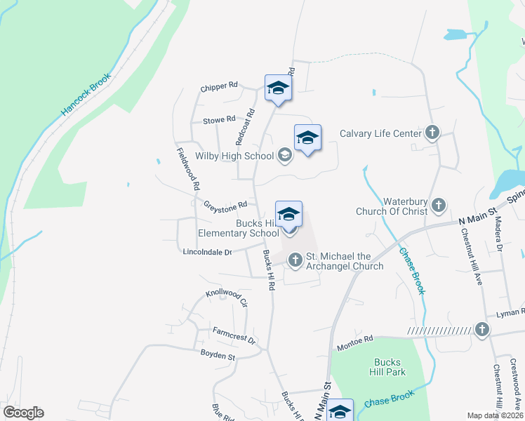 map of restaurants, bars, coffee shops, grocery stores, and more near 418 Bucks Hill Road in Waterbury