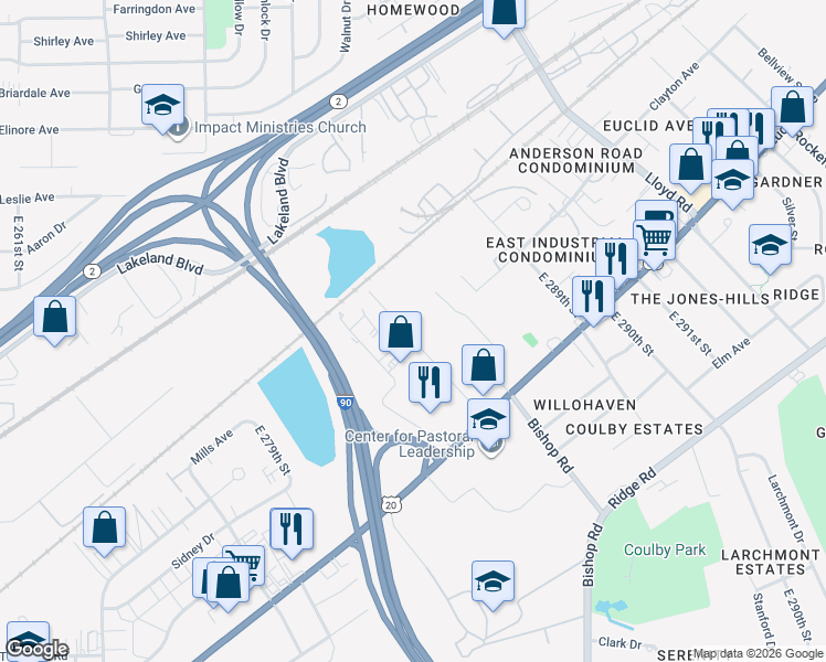 map of restaurants, bars, coffee shops, grocery stores, and more near 1359 Craneing Road in Wickliffe