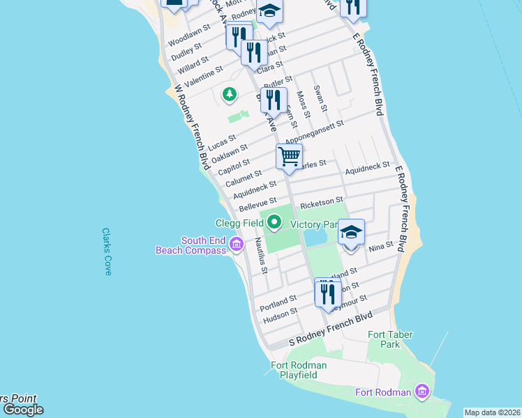 map of restaurants, bars, coffee shops, grocery stores, and more near 227 Bellevue Street in New Bedford