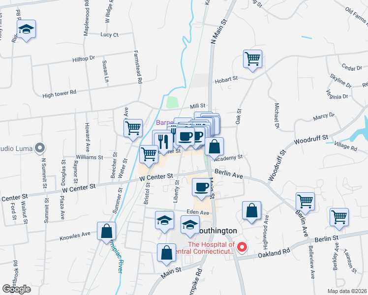 map of restaurants, bars, coffee shops, grocery stores, and more near 29 Liberty Street in Southington