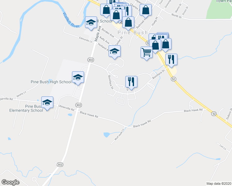 map of restaurants, bars, coffee shops, grocery stores, and more near 100 Boniface Drive in Pine Bush