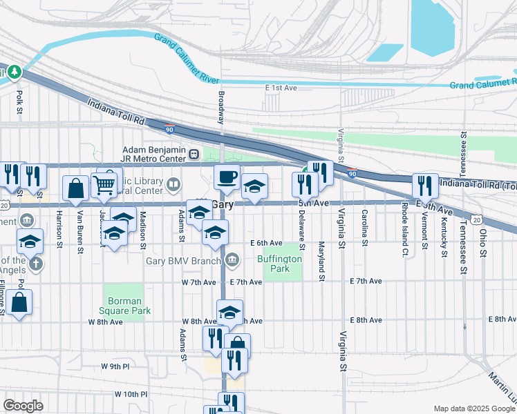 map of restaurants, bars, coffee shops, grocery stores, and more near 433-457 Connecticut Street in Gary
