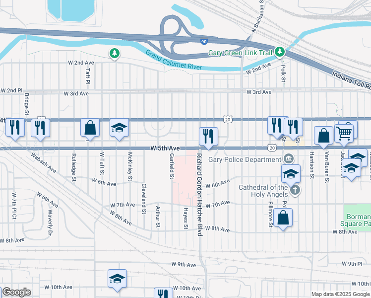 map of restaurants, bars, coffee shops, grocery stores, and more near 450 Hayes Street in Gary