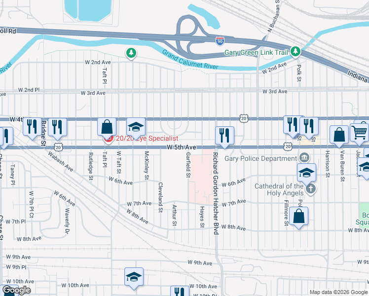 map of restaurants, bars, coffee shops, grocery stores, and more near 475 Garfield Street in Gary