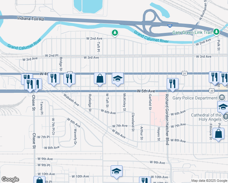 map of restaurants, bars, coffee shops, grocery stores, and more near 464 Roosevelt Street in Gary