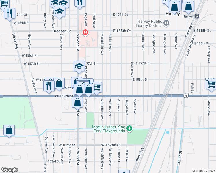 map of restaurants, bars, coffee shops, grocery stores, and more near 15801 Marshfield Avenue in Harvey