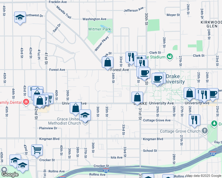 map of restaurants, bars, coffee shops, grocery stores, and more near 1305 34th Street in Des Moines