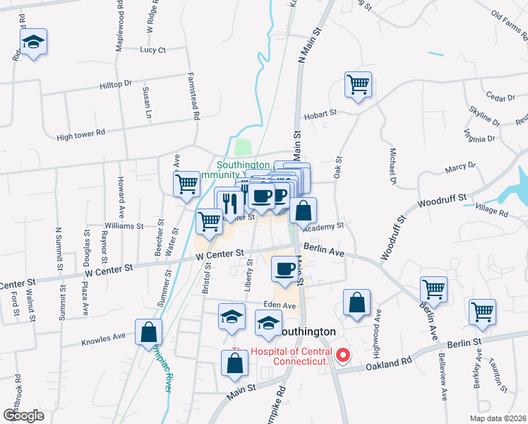 map of restaurants, bars, coffee shops, grocery stores, and more near 29 Liberty Street in Southington