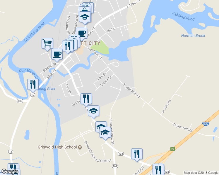 map of restaurants, bars, coffee shops, grocery stores, and more near 62 Maple Street in Griswold