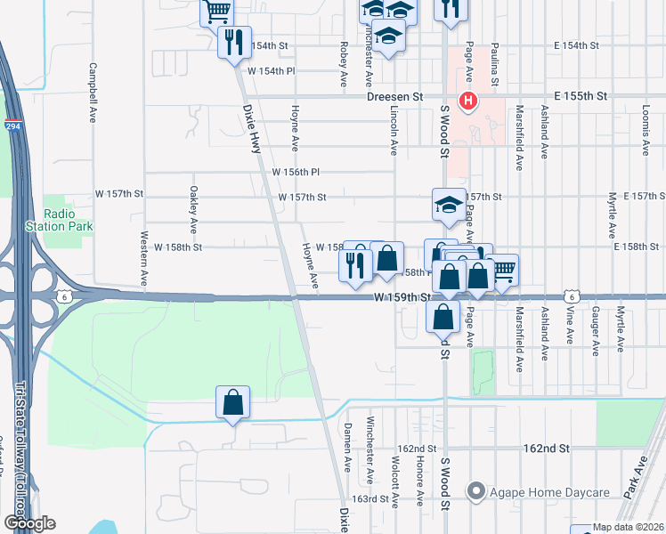map of restaurants, bars, coffee shops, grocery stores, and more near 171 West 158th Place in Harvey