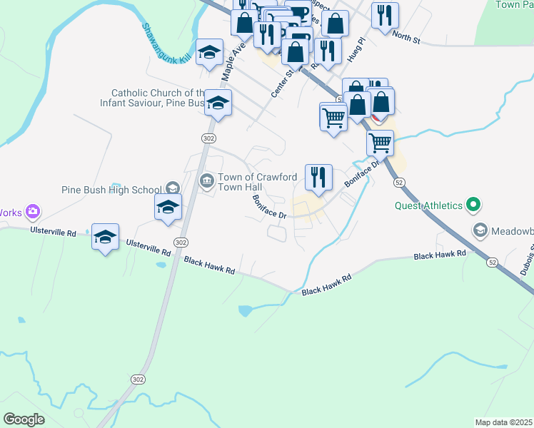 map of restaurants, bars, coffee shops, grocery stores, and more near 100 Boniface Drive in Pine Bush