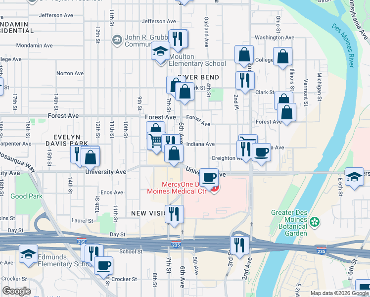 map of restaurants, bars, coffee shops, grocery stores, and more near 1241 6th Avenue in Des Moines