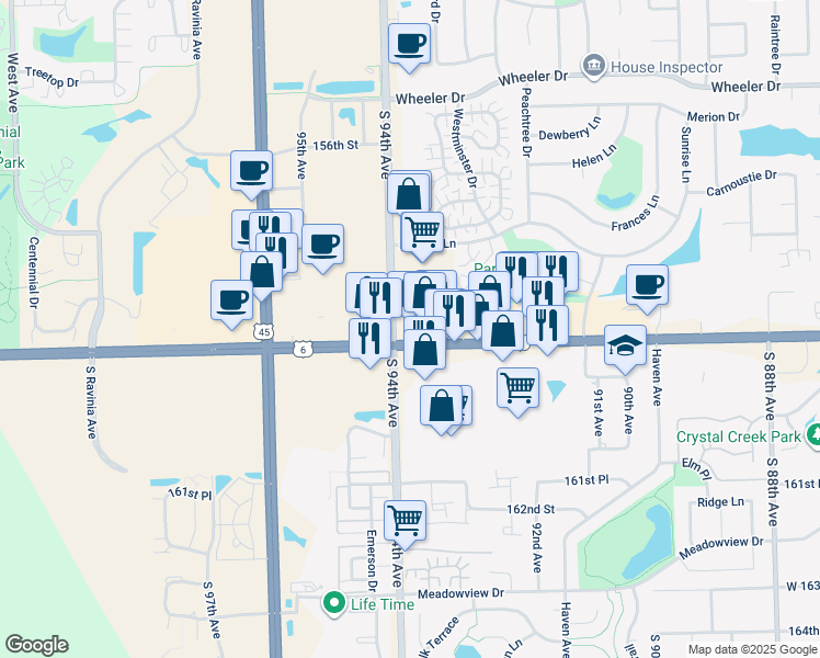 map of restaurants, bars, coffee shops, grocery stores, and more near 15831-15873 S 94th Ave in Orland Park