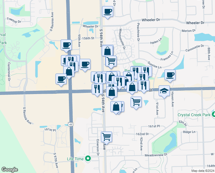 map of restaurants, bars, coffee shops, grocery stores, and more near 15831 South 94th Avenue in Orland Park