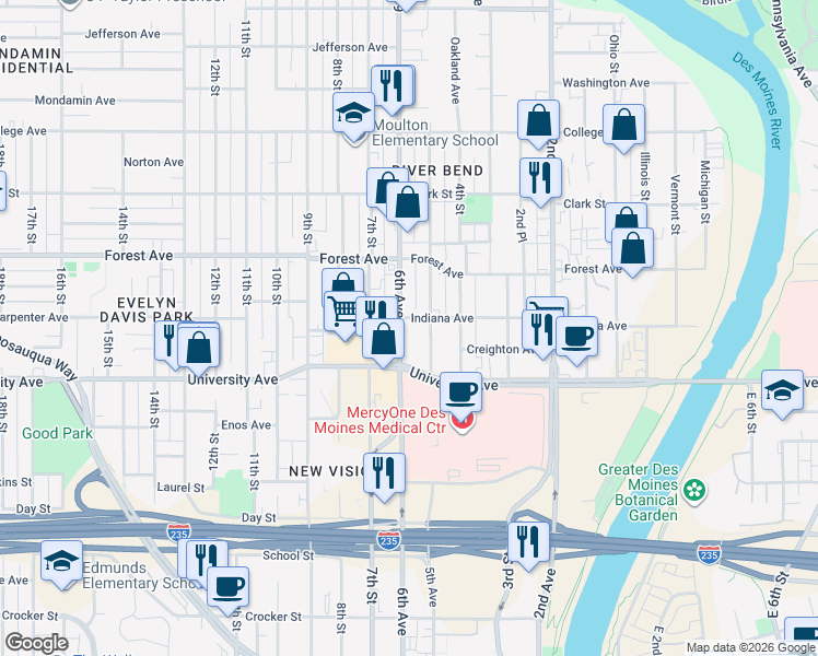 map of restaurants, bars, coffee shops, grocery stores, and more near 1241 6th Avenue in Des Moines