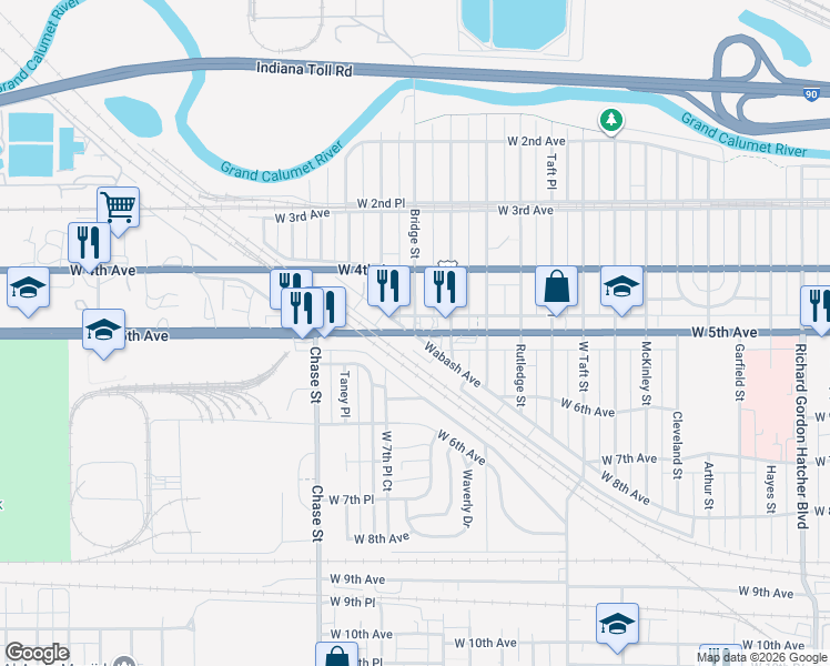 map of restaurants, bars, coffee shops, grocery stores, and more near W 5th Ave & Bridge St in Gary