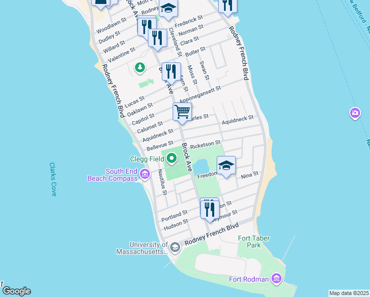 map of restaurants, bars, coffee shops, grocery stores, and more near 265 Brock Avenue in New Bedford