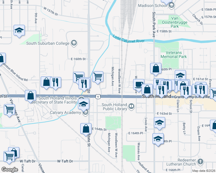 map of restaurants, bars, coffee shops, grocery stores, and more near 16100 Michigan Avenue in South Holland