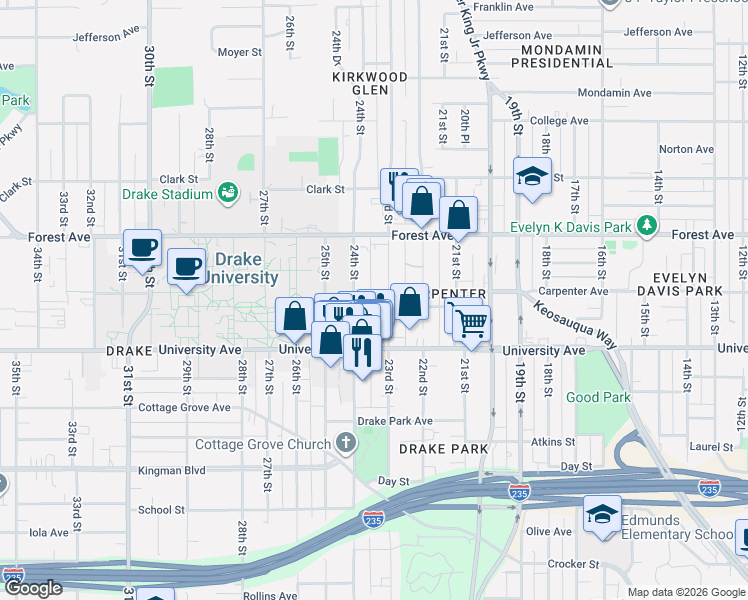 map of restaurants, bars, coffee shops, grocery stores, and more near 2311 Carpenter Avenue in Des Moines
