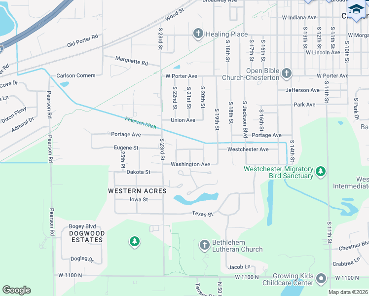 map of restaurants, bars, coffee shops, grocery stores, and more near 2162 Westchester Avenue in Chesterton