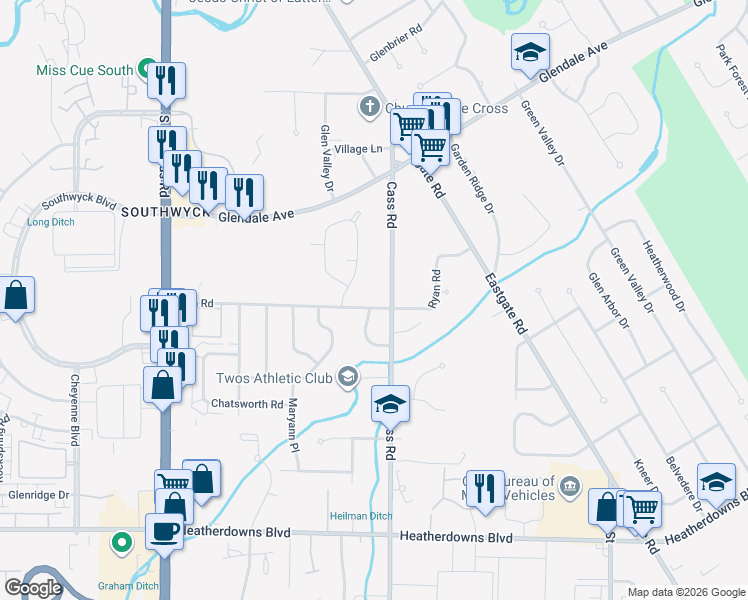 map of restaurants, bars, coffee shops, grocery stores, and more near 2037 East Crest Drive in Toledo
