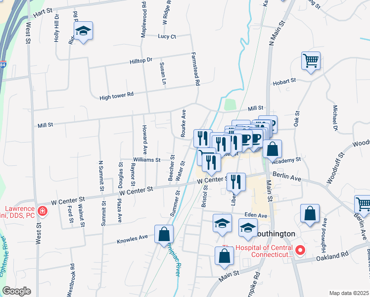 map of restaurants, bars, coffee shops, grocery stores, and more near 290 Center Street in Southington