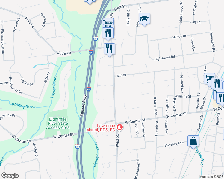 map of restaurants, bars, coffee shops, grocery stores, and more near 530 West Street in Southington