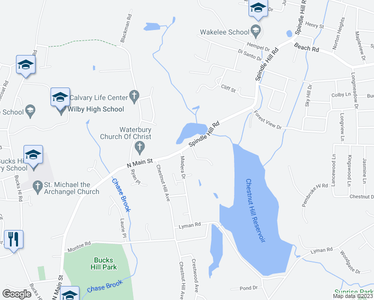 map of restaurants, bars, coffee shops, grocery stores, and more near 15 Spindle Hill Road in Wolcott