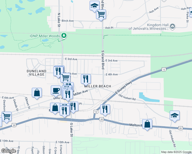 map of restaurants, bars, coffee shops, grocery stores, and more near 6316 East 4th Avenue in Gary