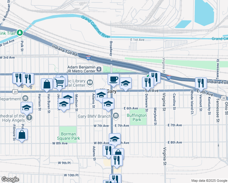 map of restaurants, bars, coffee shops, grocery stores, and more near in Gary