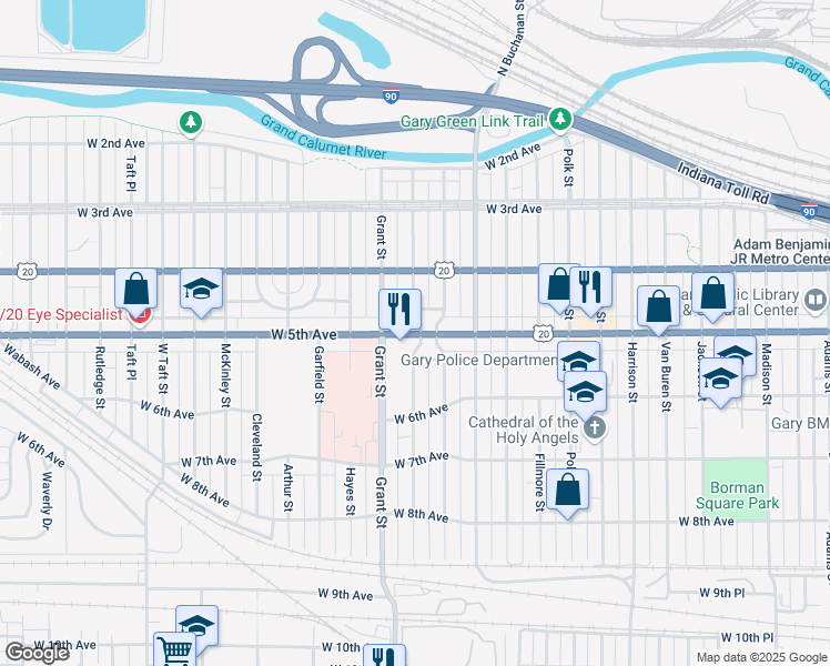 map of restaurants, bars, coffee shops, grocery stores, and more near 470-474 West Johnson Street in Gary