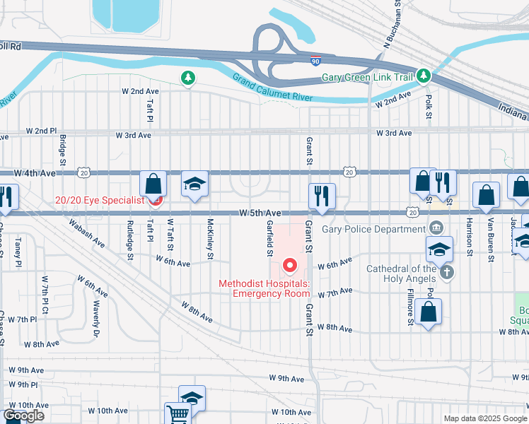 map of restaurants, bars, coffee shops, grocery stores, and more near 475 Garfield Street in Gary