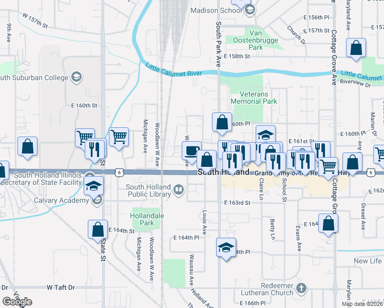 map of restaurants, bars, coffee shops, grocery stores, and more near 271 East 161st Street in South Holland