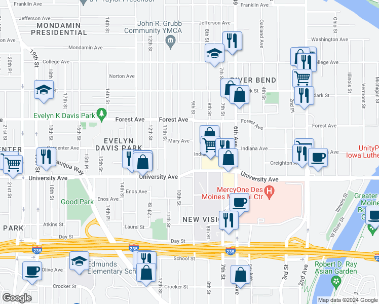 map of restaurants, bars, coffee shops, grocery stores, and more near 912 Mary Avenue in Des Moines