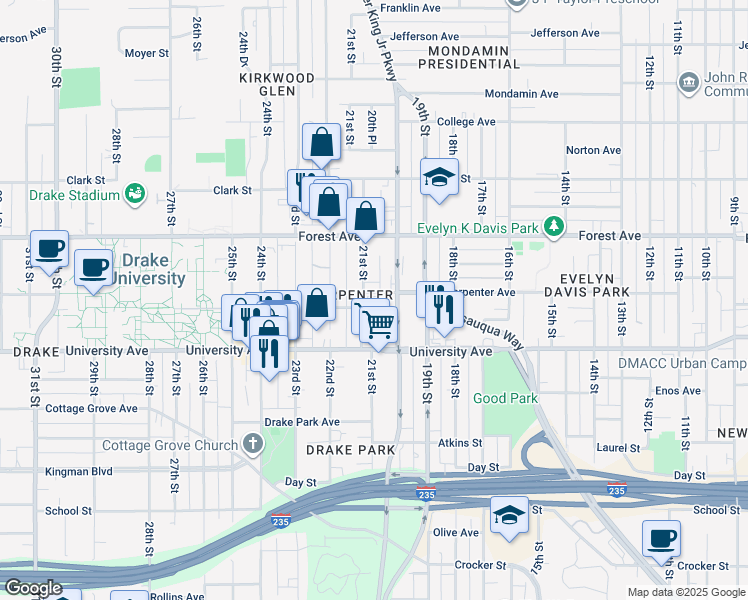 map of restaurants, bars, coffee shops, grocery stores, and more near 1301 21st Street in Des Moines