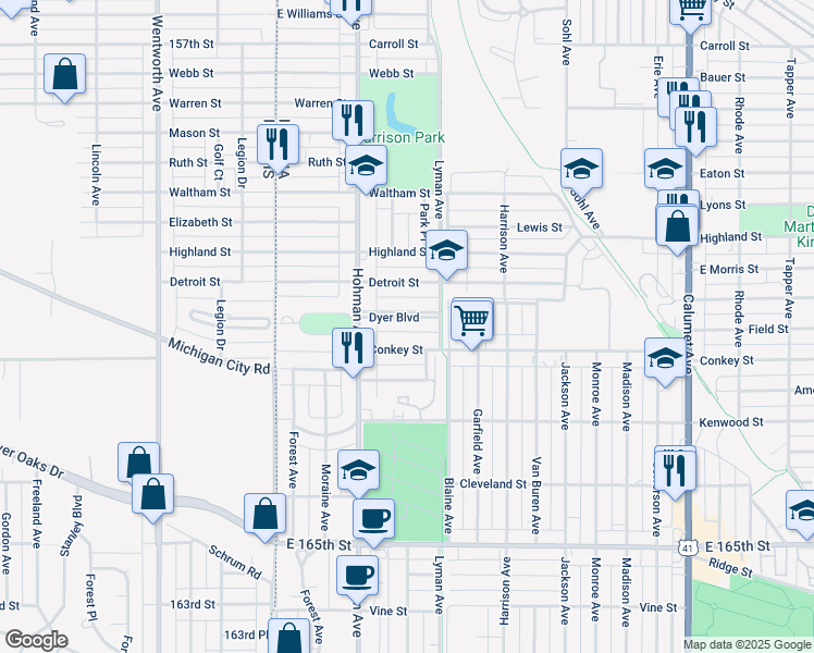 map of restaurants, bars, coffee shops, grocery stores, and more near 244 Dyer Boulevard in Hammond