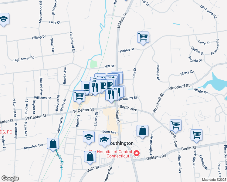 map of restaurants, bars, coffee shops, grocery stores, and more near 36 Main Street in Southington
