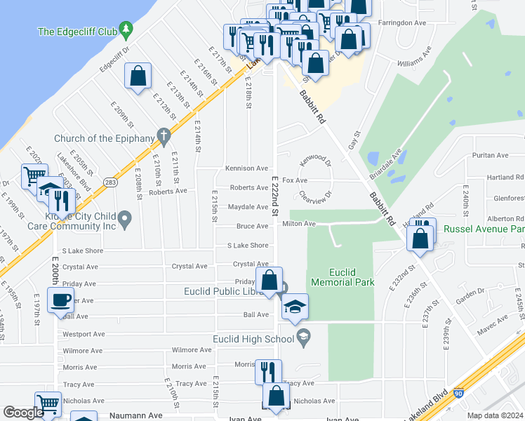 map of restaurants, bars, coffee shops, grocery stores, and more near 22050 Maydale Avenue in Euclid